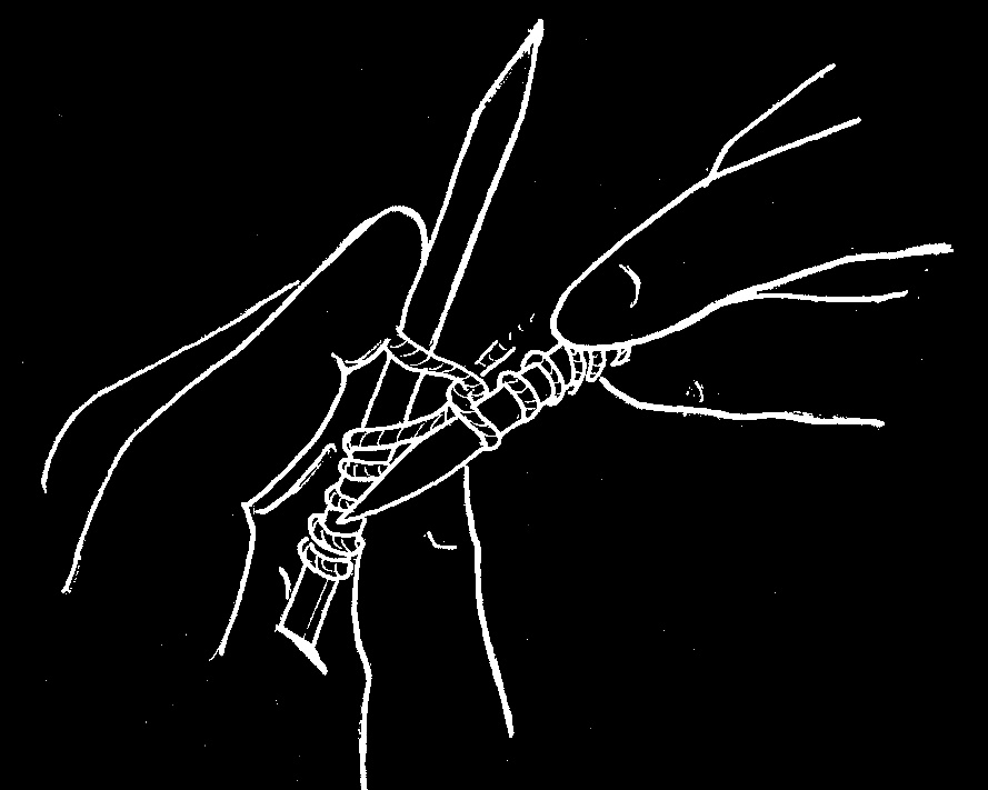 white line drawing on black background of hands knitting