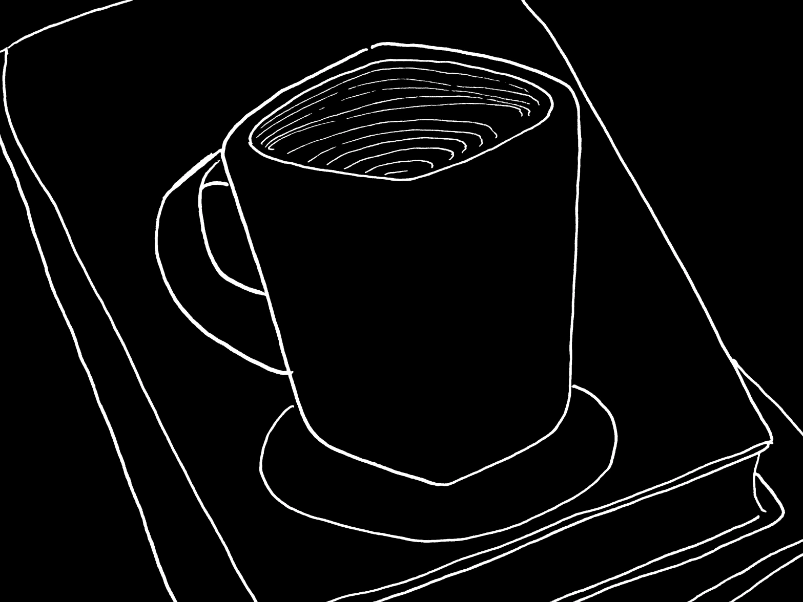 white line drawing on black background of a mug on top of some books