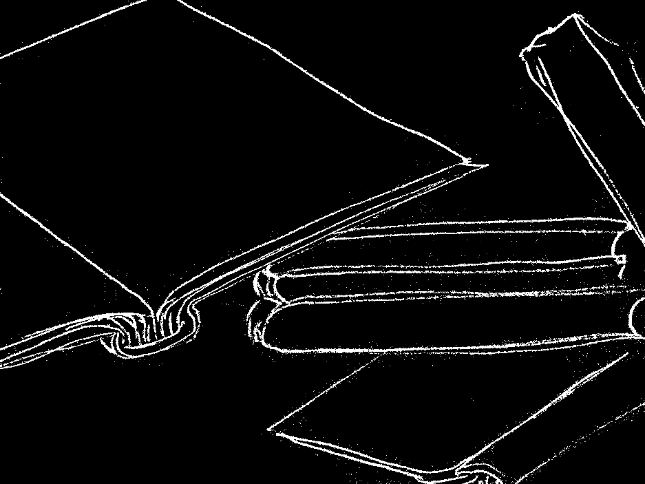 white line drawing of books in various positions on a black background.